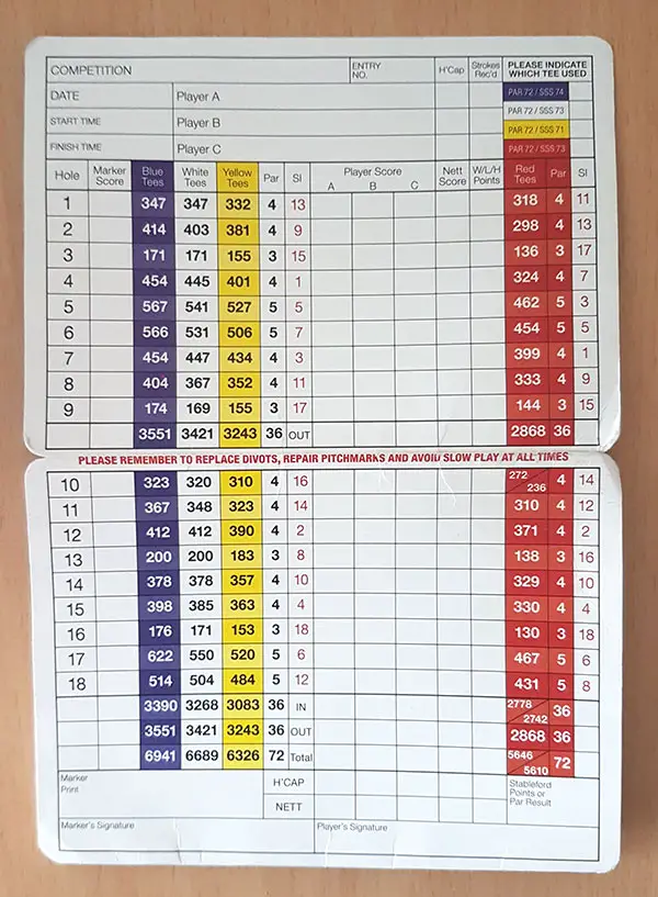 St Annes Old Links Scorecard for the course