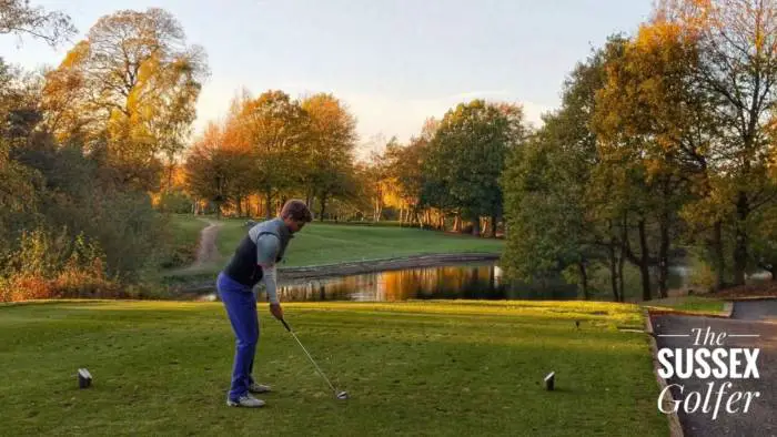 View from the tee with water in front.