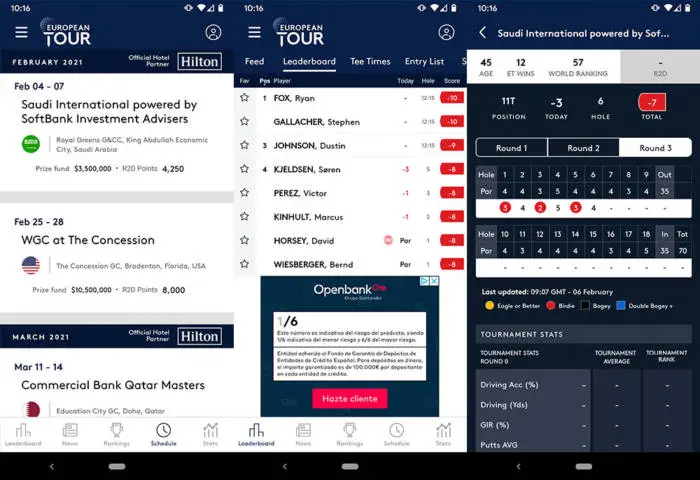 European Tour App screenshots of leaderboads, player profiles and schedule