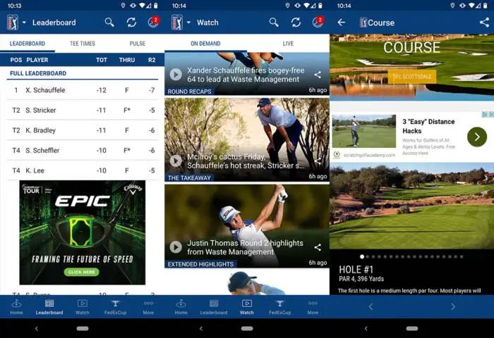 PGA Tour App screenshots of leaderboads, tournament feeds and schedule