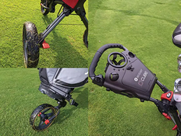 mixture of the different features on the motocaddy cube golf trolley including parking brake, handle and front wheel