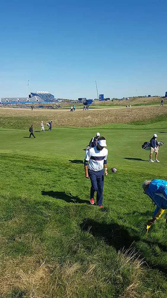 Bubba Watson on Team USA approaching his ball in the thick rough at the Ryder Cup at Le Golf Nationale Paris